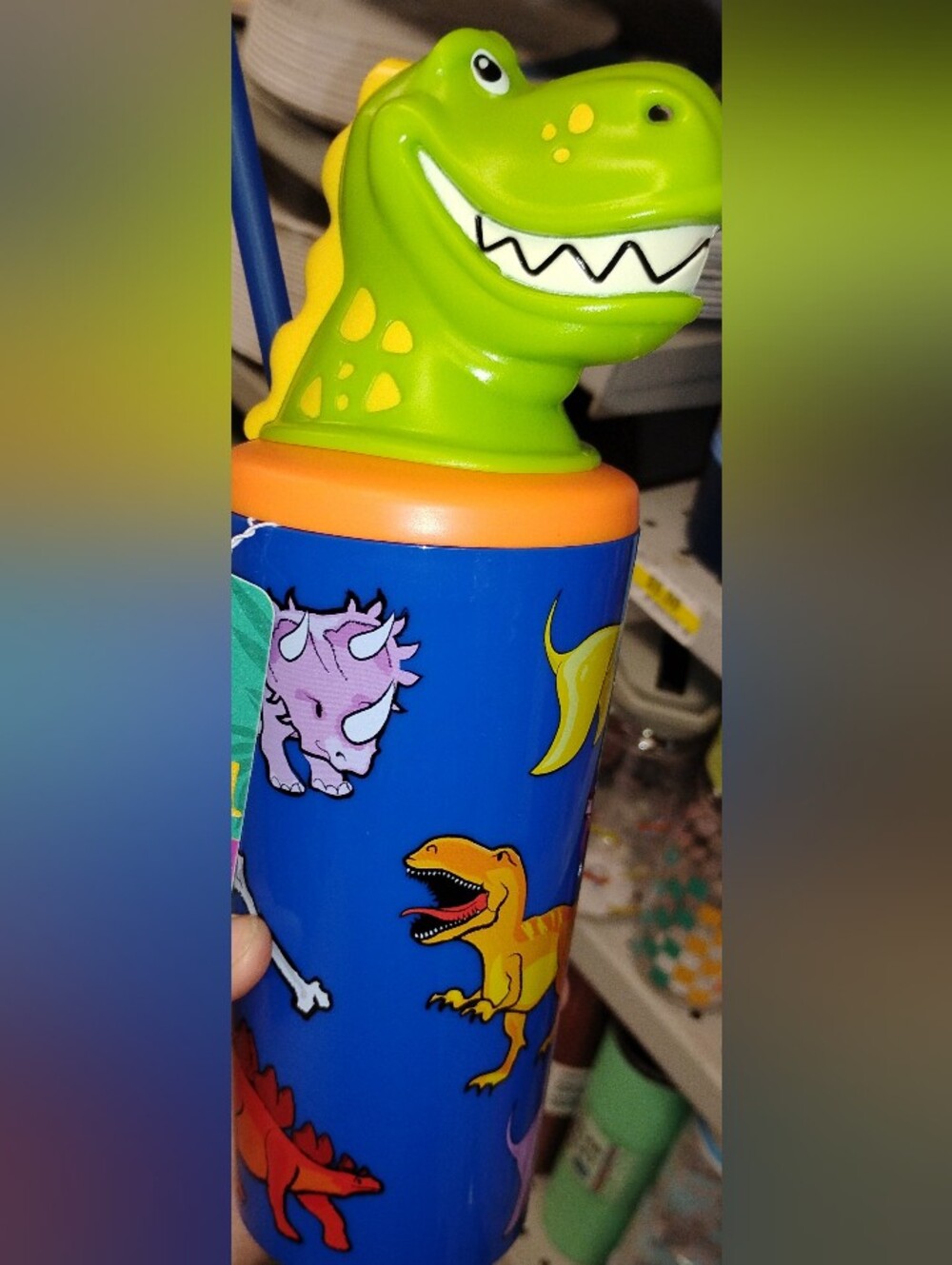 Dinosaur Head Dinosaur Designed Water Bottle with a Dark Blue Straw